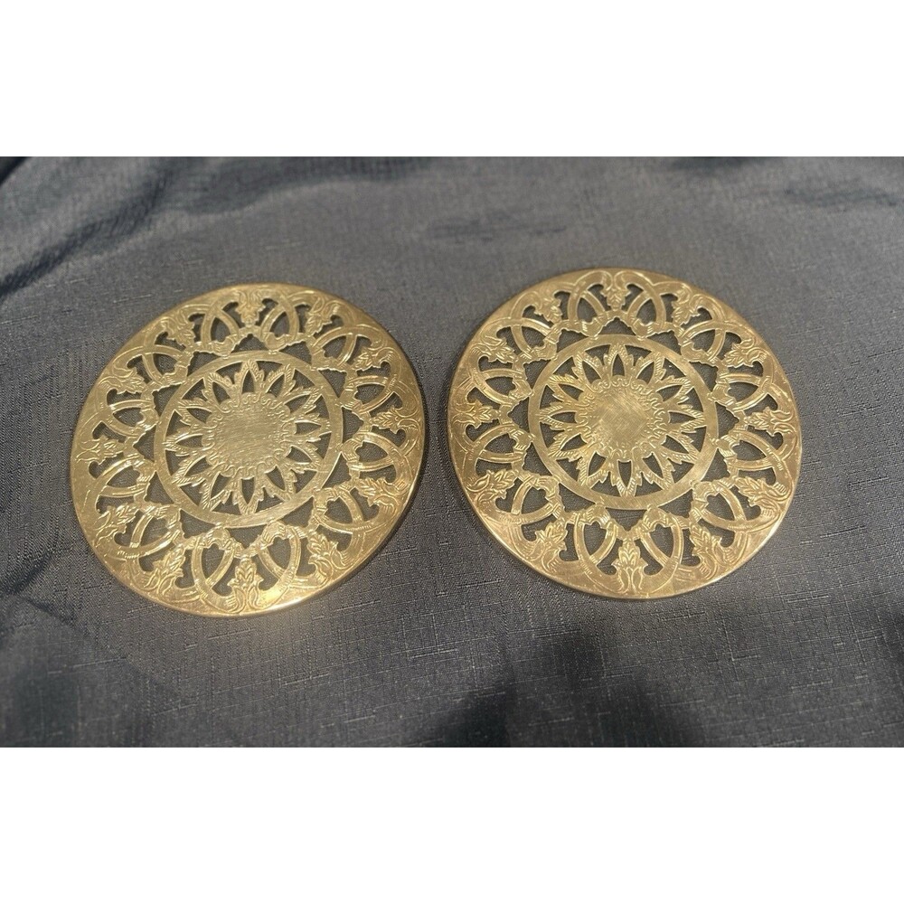 Leonard Silver Plate Glass Trivets Hot Plate Ornate Pierced Design 6 1/8” VTG